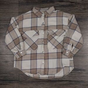 Zara Plaid Flannel Shirt Kids Size 8-9 Soft White Long Sleeve Button Down Cotton